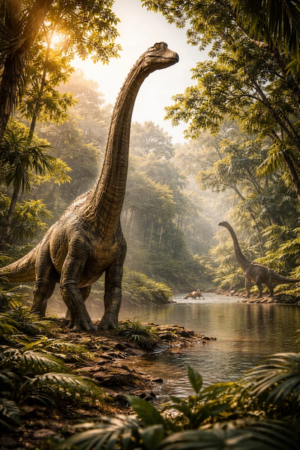 Brachiosaurus near a river in a lush prehistoric forest