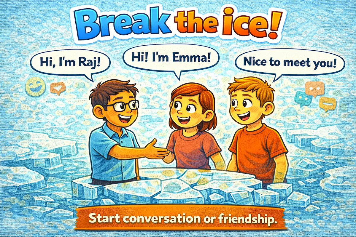 Landscape cartoon illustration of people greeting each other as ice breaks, representing the idiom break the ice and the act of starting a friendly conversation.