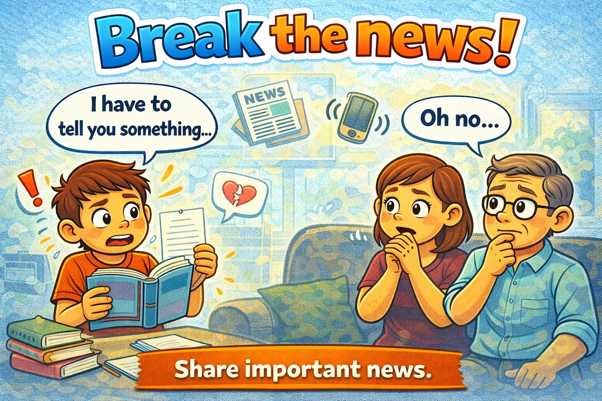 Landscape cartoon illustration of a person delivering serious news to others, representing the idiom break the news and the act of sharing important or unexpected information.