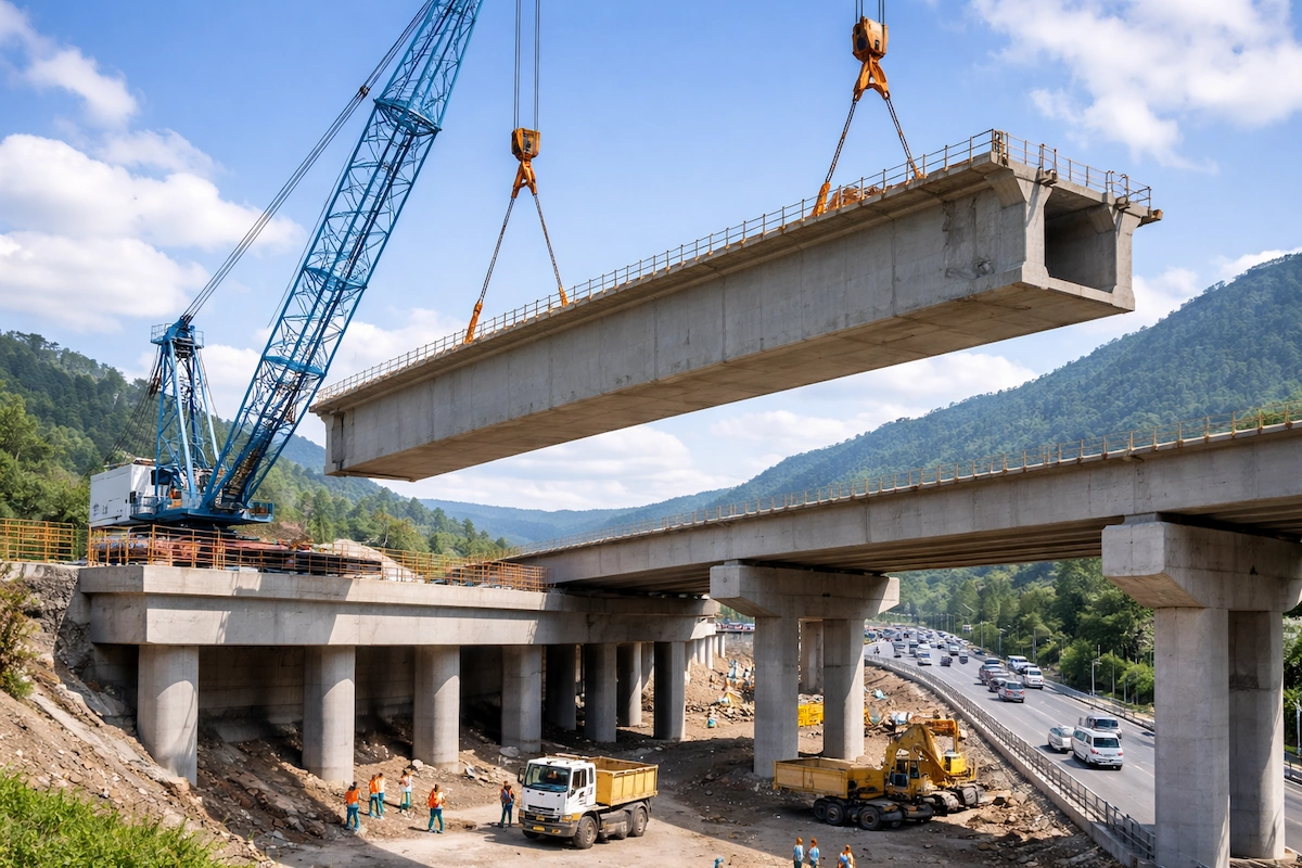 Landscape photo of a concrete bridge girder suspended by cranes above support columns, showing an active highway construction site with workers, trucks, and surrounding hills.