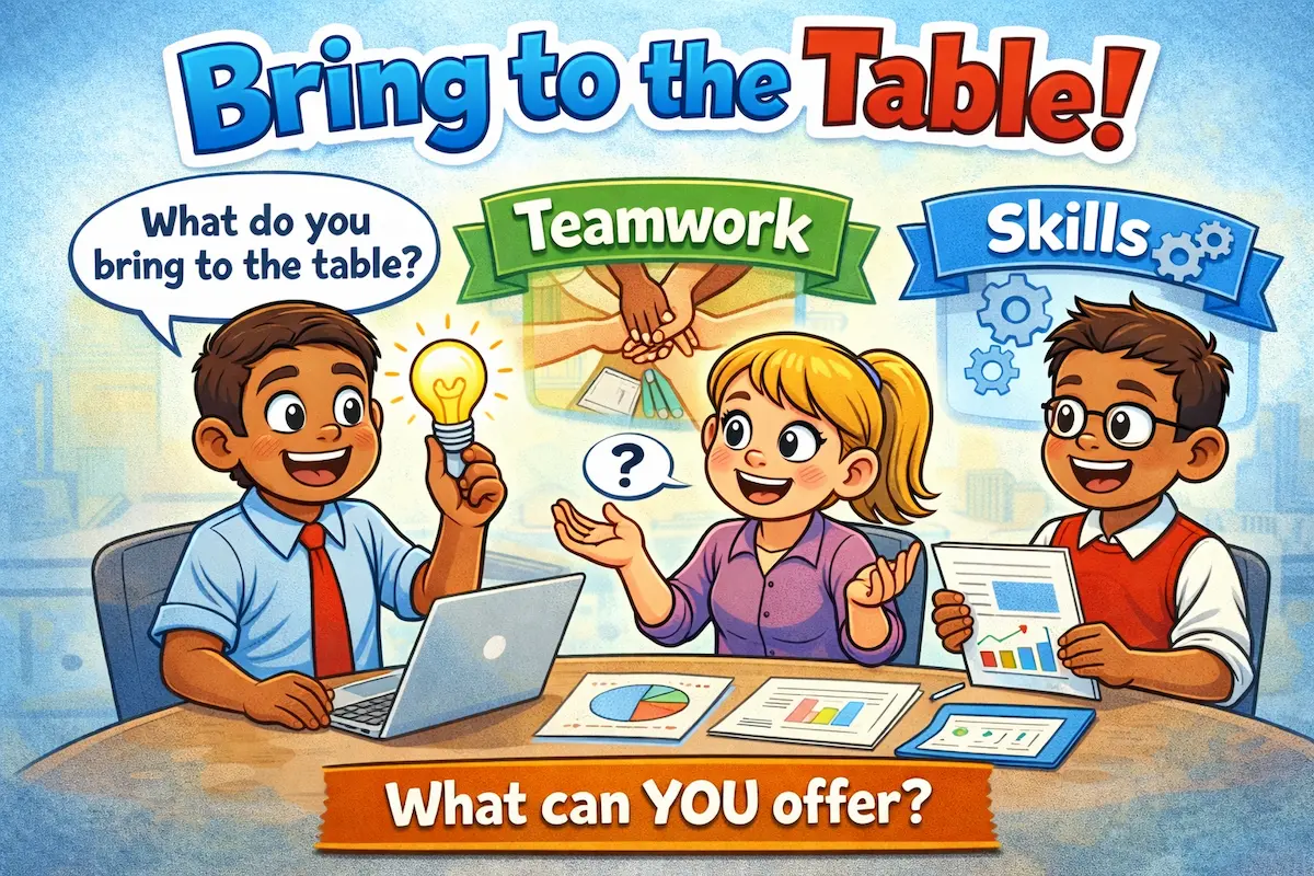 Landscape cartoon illustration of a group discussing ideas at a table, representing the idiom bring to the table and the act of contributing skills or value.