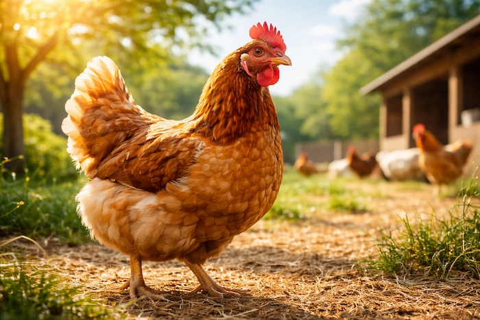 Close view of a brown hen in a farm environment
