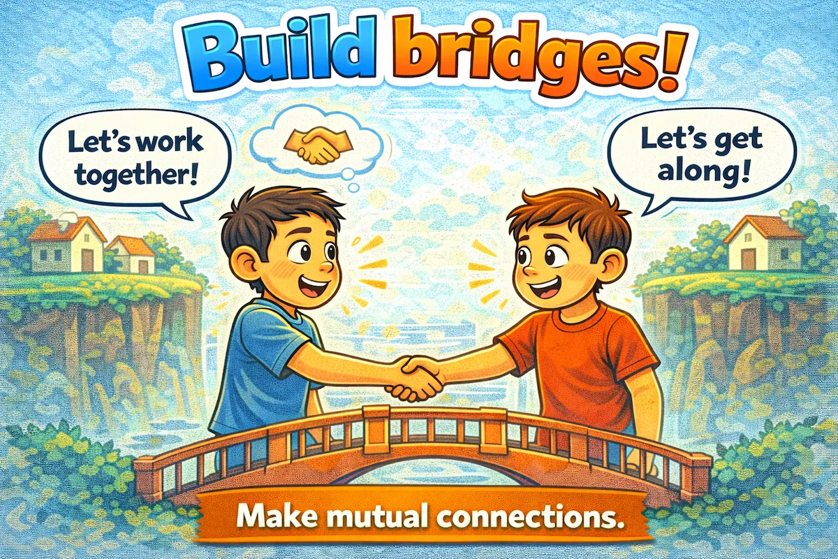 Landscape cartoon illustration of two people shaking hands on a bridge, representing the idiom build bridges and the idea of forming connections and cooperation.