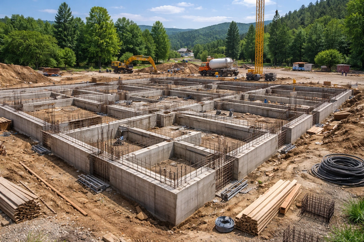 Landscape photo of a construction site featuring a concrete building foundation with reinforced rebar, excavators, cranes, and materials arranged for structural groundwork.