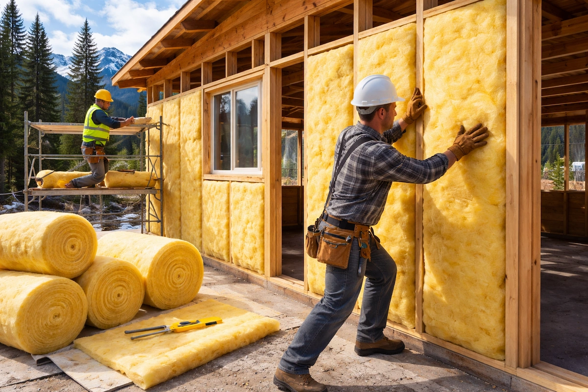Landscape photo of workers installing fiberglass insulation in wooden wall frames, with insulation rolls, tools, and a partially built house in an outdoor construction setting.
