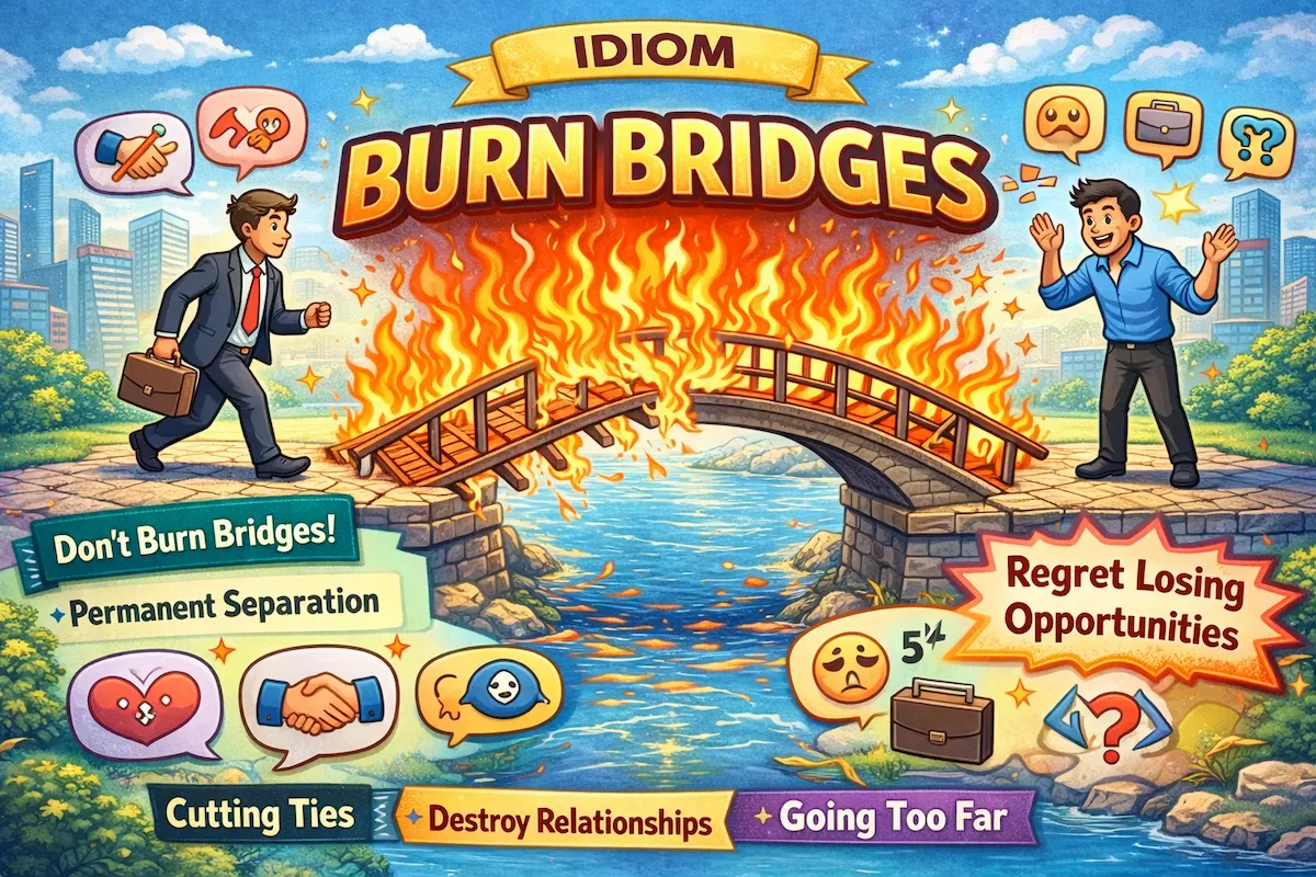 Landscape cartoon illustration of the idiom burn bridges, symbolizing cutting ties, irreversible decisions, damaged relationships, and the consequences of destroying future connections.