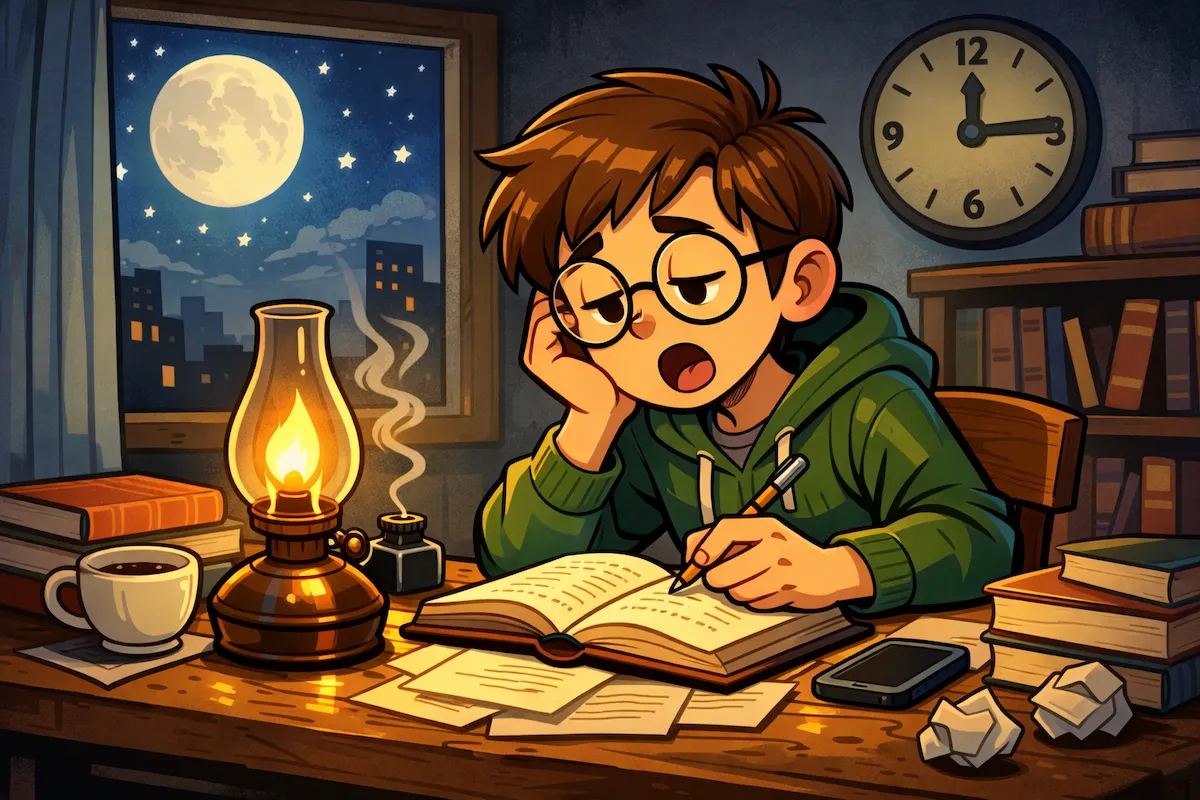 Cartoon landscape illustration of a student studying late at night by an oil lamp, with books, coffee, and a moonlit window, symbolizing the idiom burn the midnight oil.