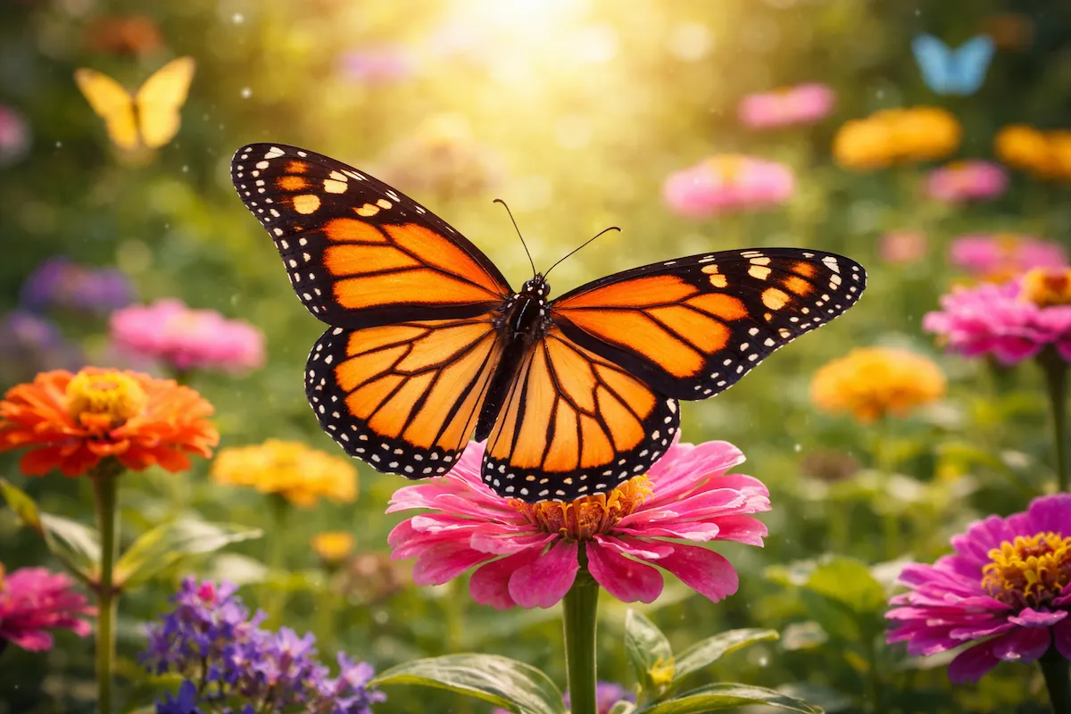 Realistic illustration of an orange and black butterfly perched on a pink flower, with colorful blossoms and soft sunlight creating a lively garden background.