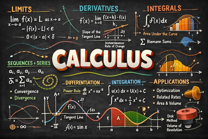Calculus overview on a chalkboard showing limits, derivatives, integrals, and graphs.