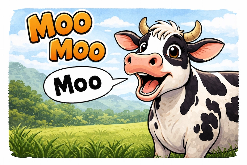 A cartoon cow saying moo with the text moo moo above her