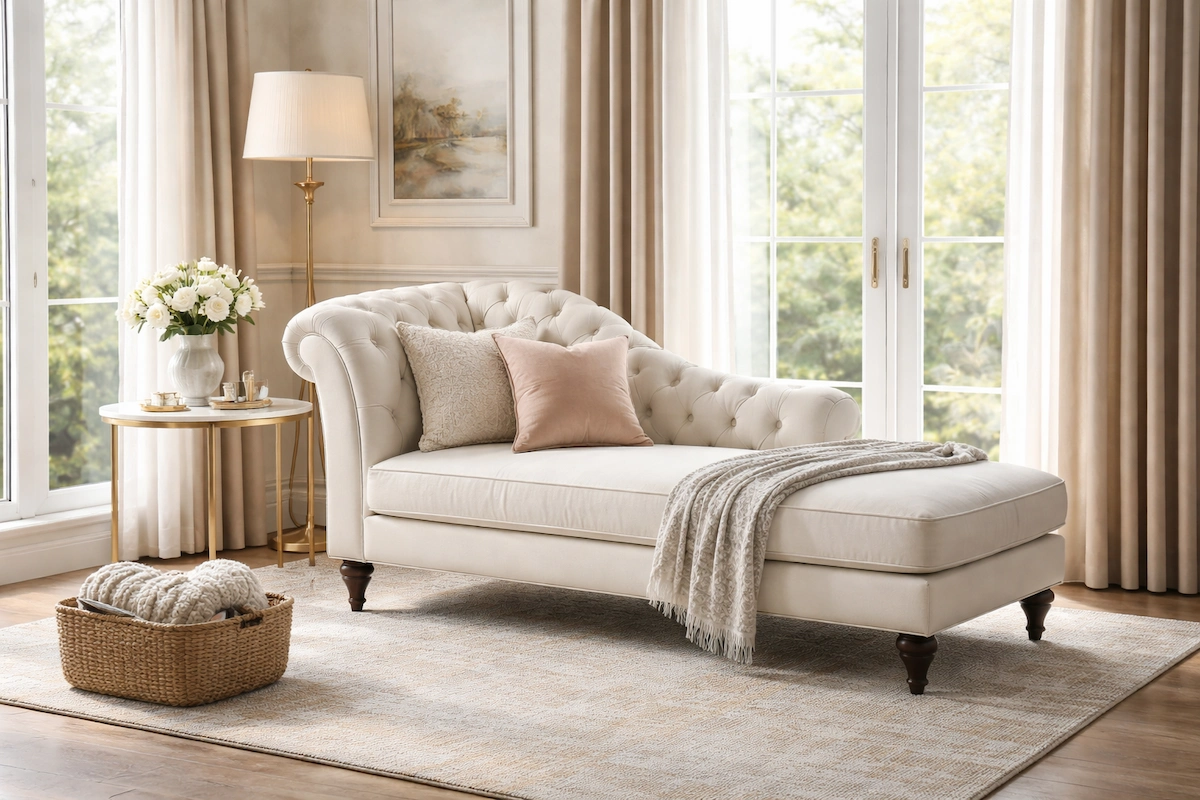 Landscape illustration of a chaise longue sofa with cushioned upholstery in a stylish living room, designed for reclining and comfortable relaxation.