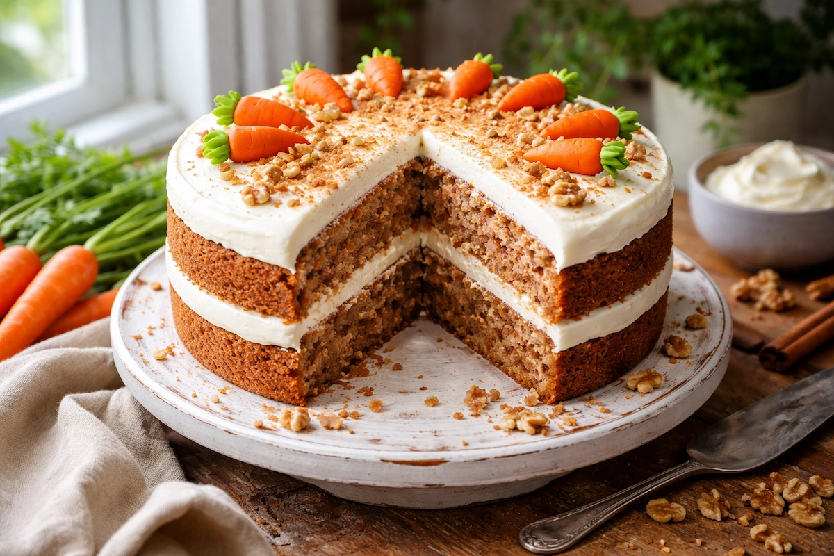 Landscape photo of a traditional carrot cake with cream cheese frosting, visible layers, walnut topping, and small carrot decorations on a rustic table.