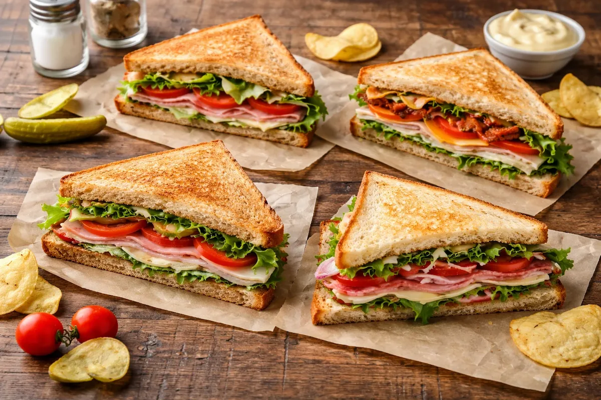 Landscape photo of toasted sandwich triangles with ham, cheese, lettuce, and tomato, arranged neatly on parchment paper with chips on a wooden table.