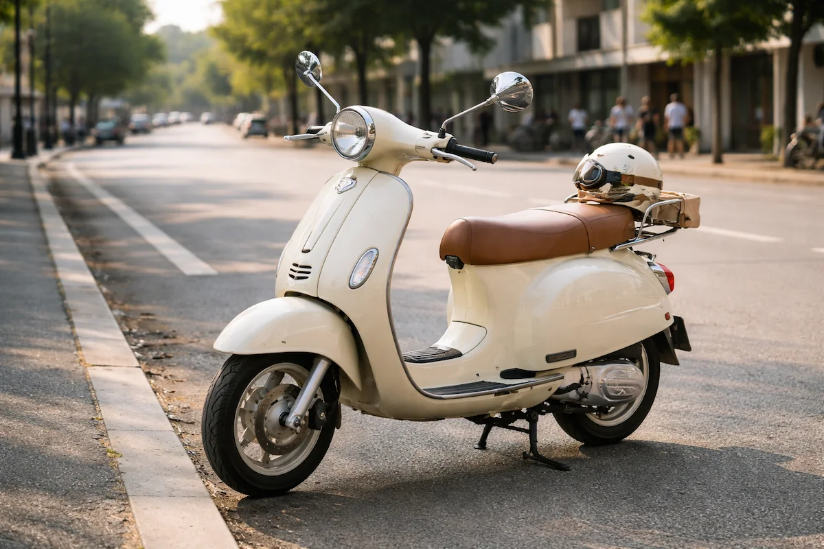 Cream-colored scooter parked on an urban street, showing a retro design, brown seat, round mirrors, helmet on the back, and trees along the road.