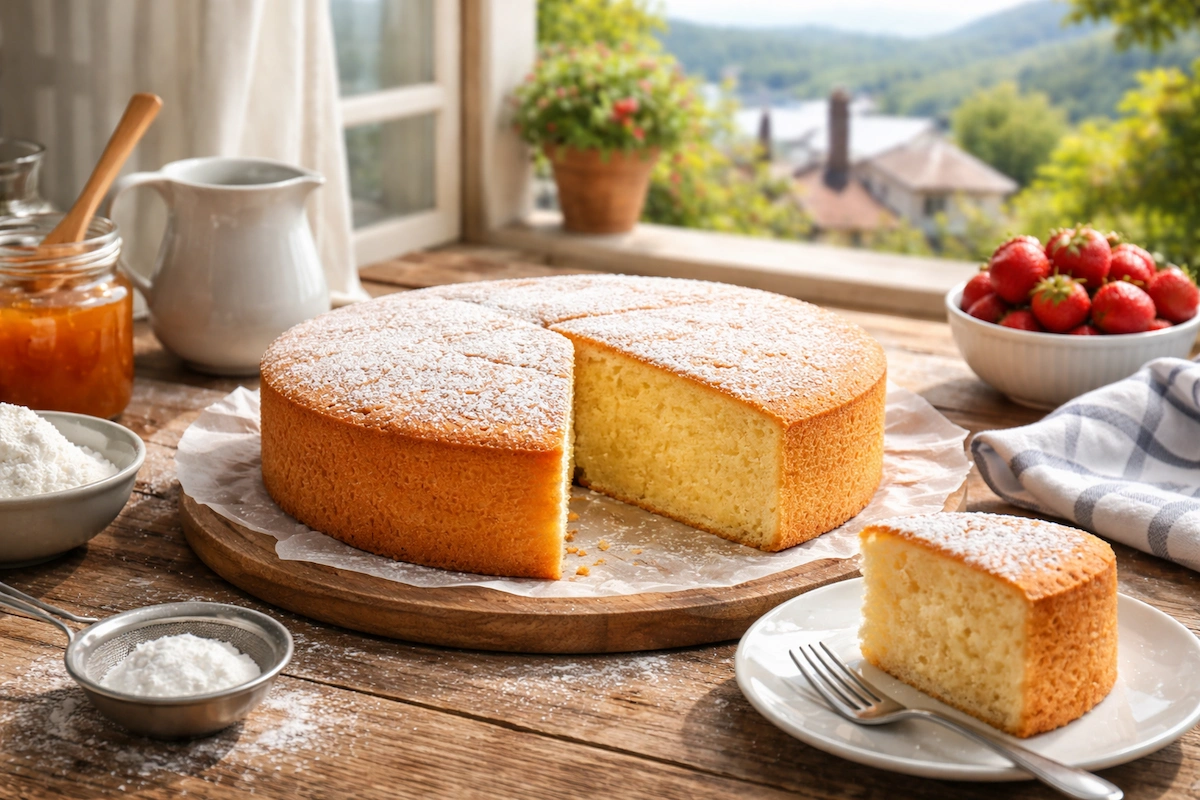 Landscape photo of a classic sponge cake with a golden crumb and powdered sugar topping, shown sliced on a rustic table alongside strawberries and kitchen props.