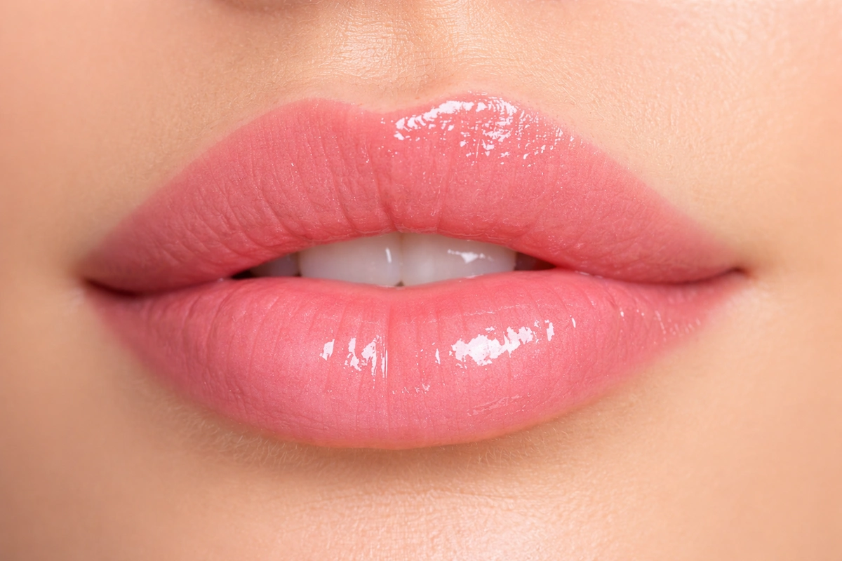 Close-up of a human mouth showing glossy pink lips slightly open, focusing on lip shape, smooth texture, and natural detail without showing the full face.