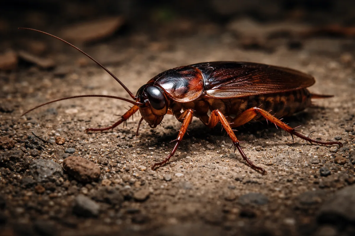 Macro illustration of a cockroach on the ground, showing its brown segmented body, long antennae, jointed legs, and textured surface in sharp detail.