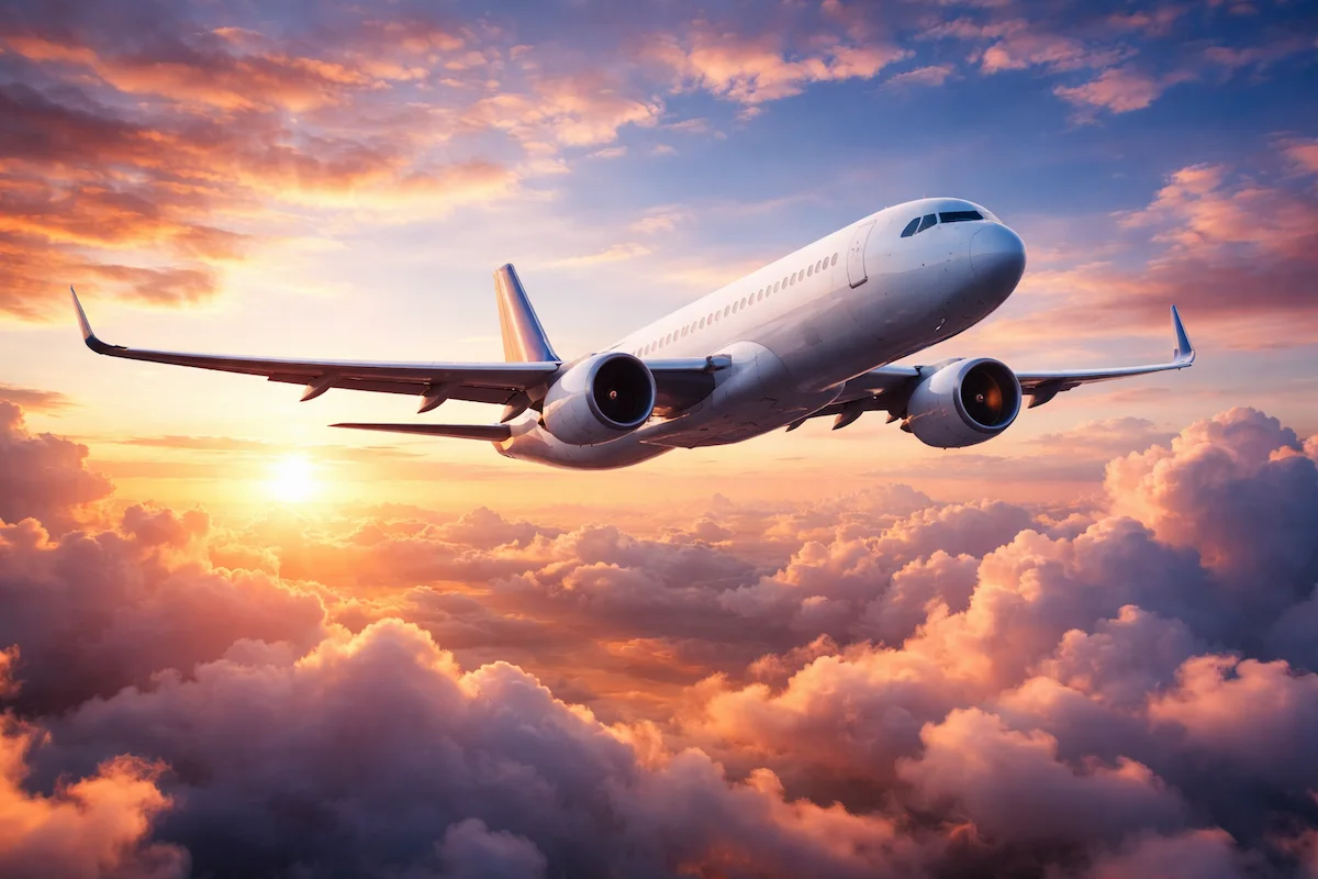 Commercial airplane flying above clouds at sunset, showing jet engines, wide wings, and a glowing sky with soft clouds below.
