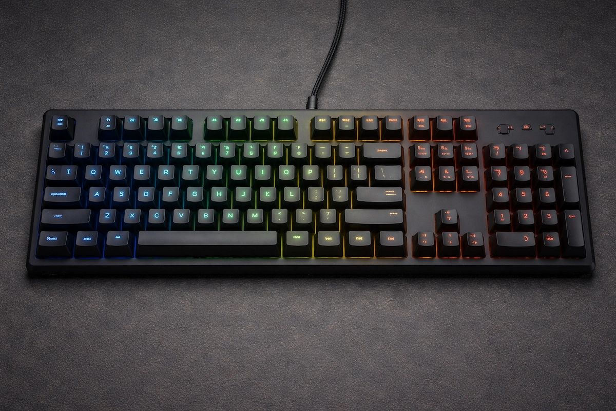 Landscape illustration of a computer keyboard with colorful RGB backlit keys, displaying a complete layout including letters, function keys, and number pad.