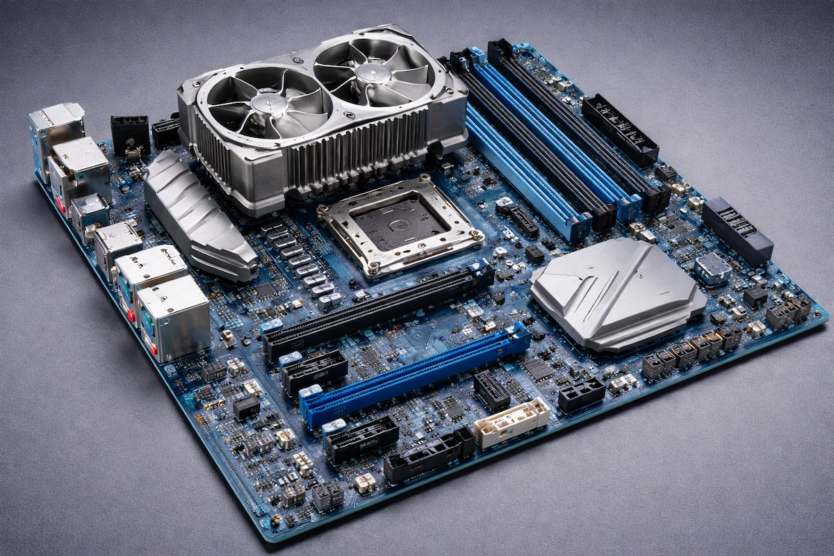 Landscape illustration of a computer motherboard displaying the complete PCB with CPU socket, memory slots, expansion slots, and connectors clearly visible against a non-white background.