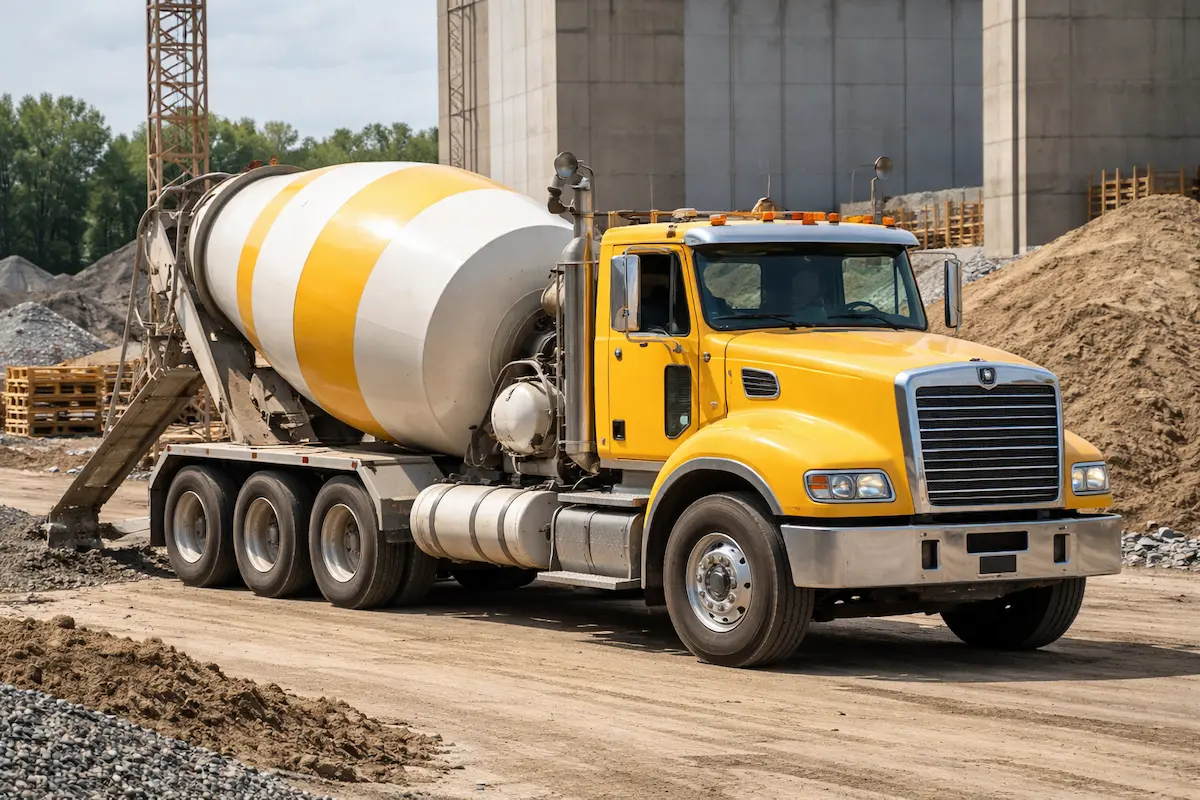Landscape image of a yellow concrete mixer truck with a large rotating drum at a construction site surrounded by sand piles and unfinished structures.