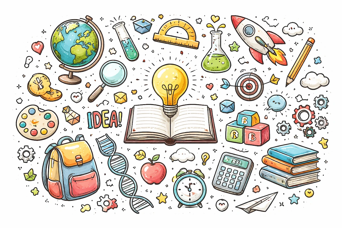 Doodle illustration showing creative hand-drawn icons such as books, light bulb ideas, science tools, and playful symbols representing imagination and learning.