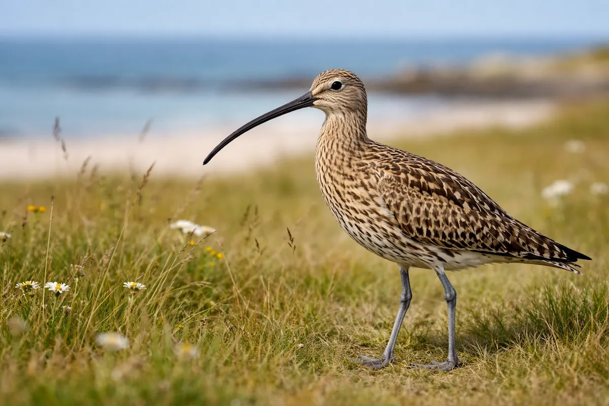 A curlew bird standing on grass near the coast, showing an extremely long curved bill, mottled brown feathers, long gray legs, and a calm seaside background.