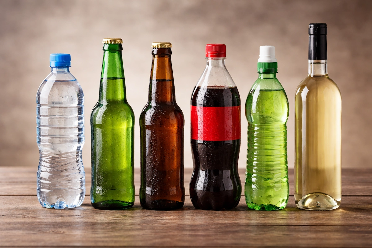 Landscape illustration of various bottles lined up together, featuring plastic and glass bottles commonly used for water, soft drinks, and other beverages.
