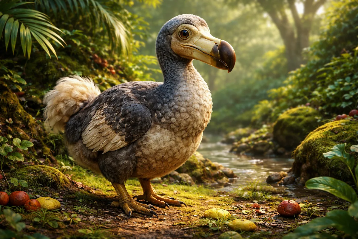 Realistic illustration of a dodo bird standing on a forest floor beside a stream, showing its curved beak, sturdy body, and feathers in a lush tropical environment.