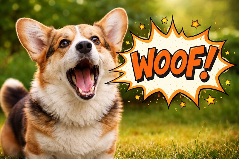 A happy dog barking with an open mouth, shown in a landscape image with a comic speech bubble displaying the word woof in bold letters.