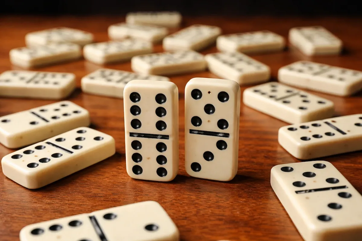 Landscape image of dominoes tiles standing and lying on a wooden table, displaying black dots on ivory tiles used in classic domino games.