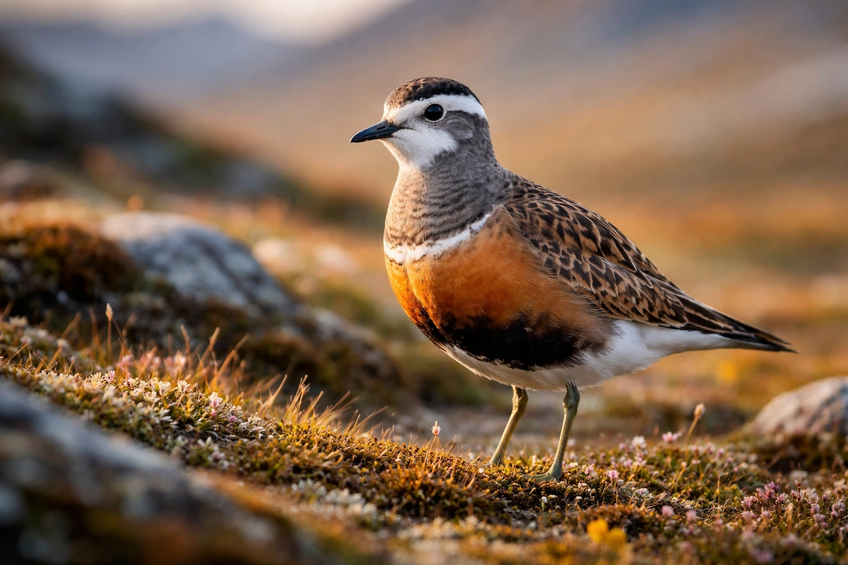 A small dotterel bird standing on rocky alpine terrain, featuring a warm orange chest, patterned wings, and soft blurred mountain background in natural light.