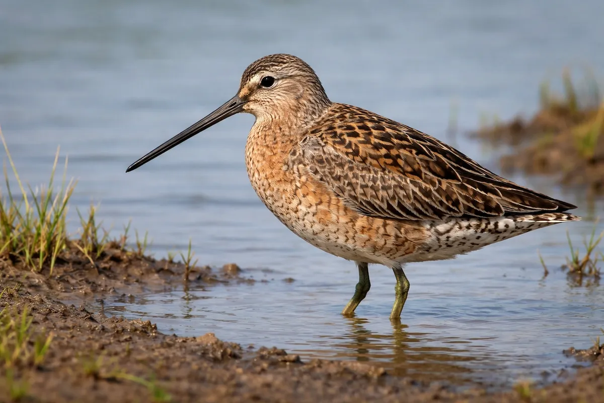 A dowitcher bird wading in shallow water near a muddy shore, showing a long straight bill, mottled brown feathers, greenish legs, and a quiet marsh habitat.