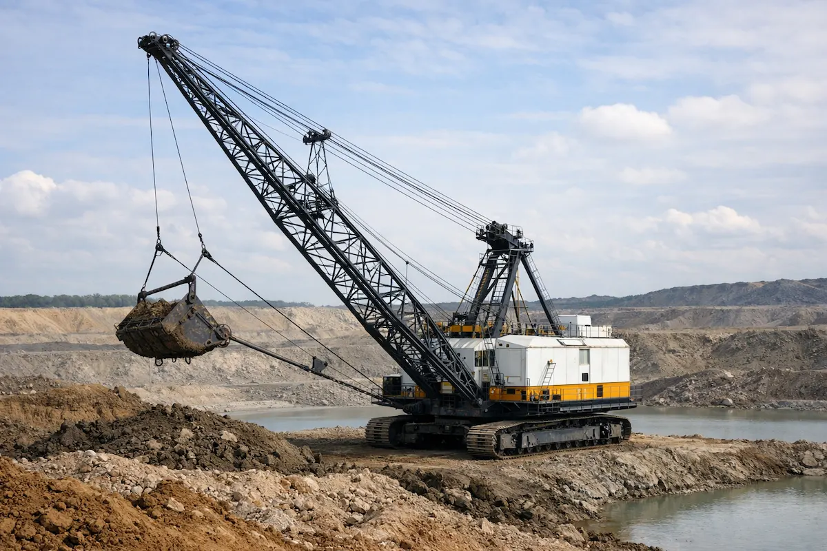 Large dragline excavator with extended boom and hanging bucket digging soil at an open pit mining area.