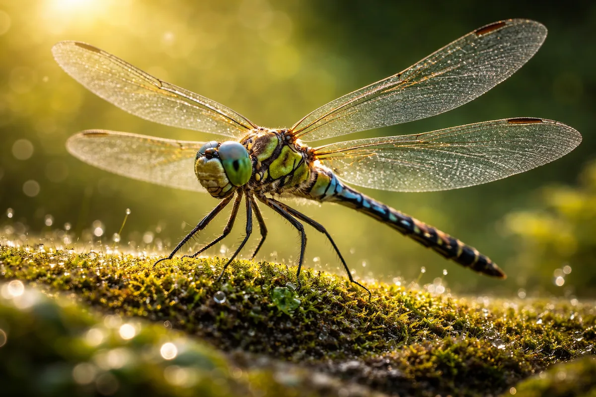 Macro illustration of a dragonfly with perfectly symmetrical wings and paired legs, perched on moss, showing clear wing veins and a detailed elongated body.