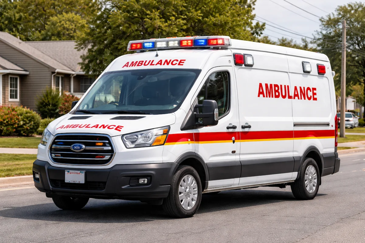 White ambulance with red markings and flashing lights traveling on a road, used for emergency medical services.