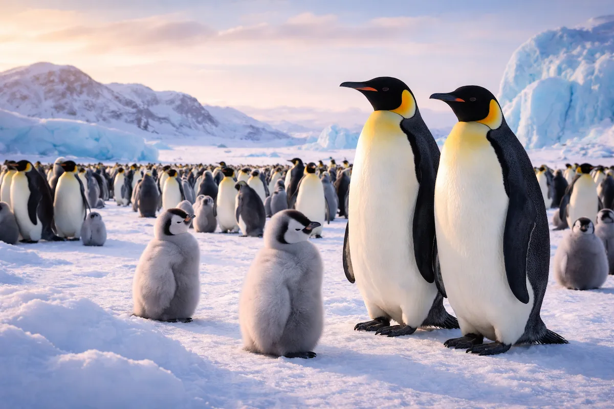 Landscape illustration of emperor penguins in Antarctica, featuring adult penguins and chicks gathered on snow-covered ice with glaciers in the background.