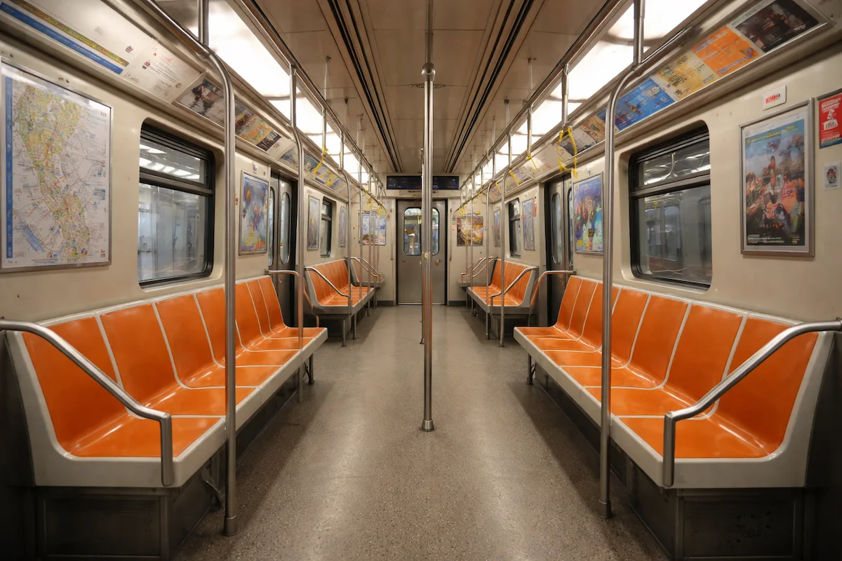 Empty subway car interior showing orange bench seats, metal handrails, route maps, sliding doors, and a clean urban transit space.