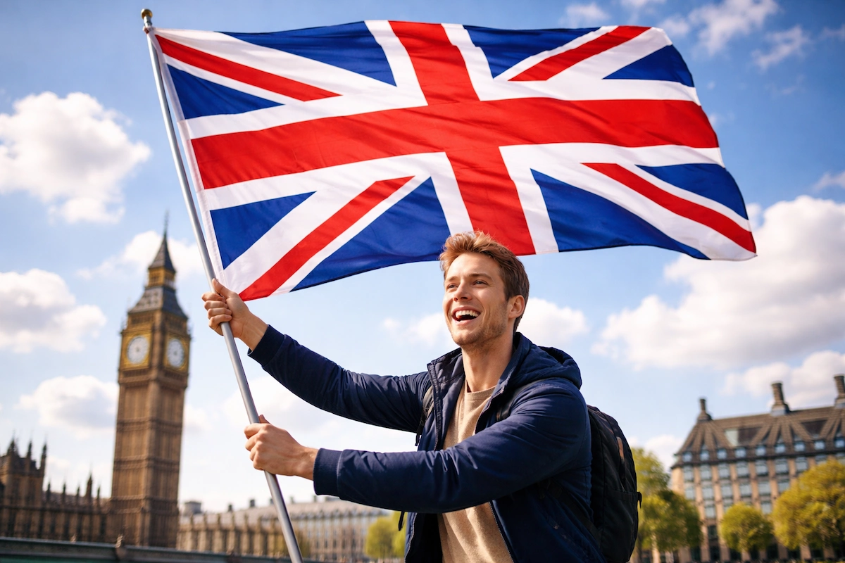 Landscape illustration of an English person holding the Union Jack flag with Big Ben visible behind, representing English nationality and cultural identity.
