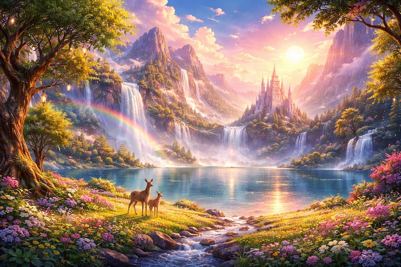 Fantasy landscape wallpaper with waterfalls, lake reflections, sunset sky, distant castle, and two deer standing in a colorful meadow near the water.