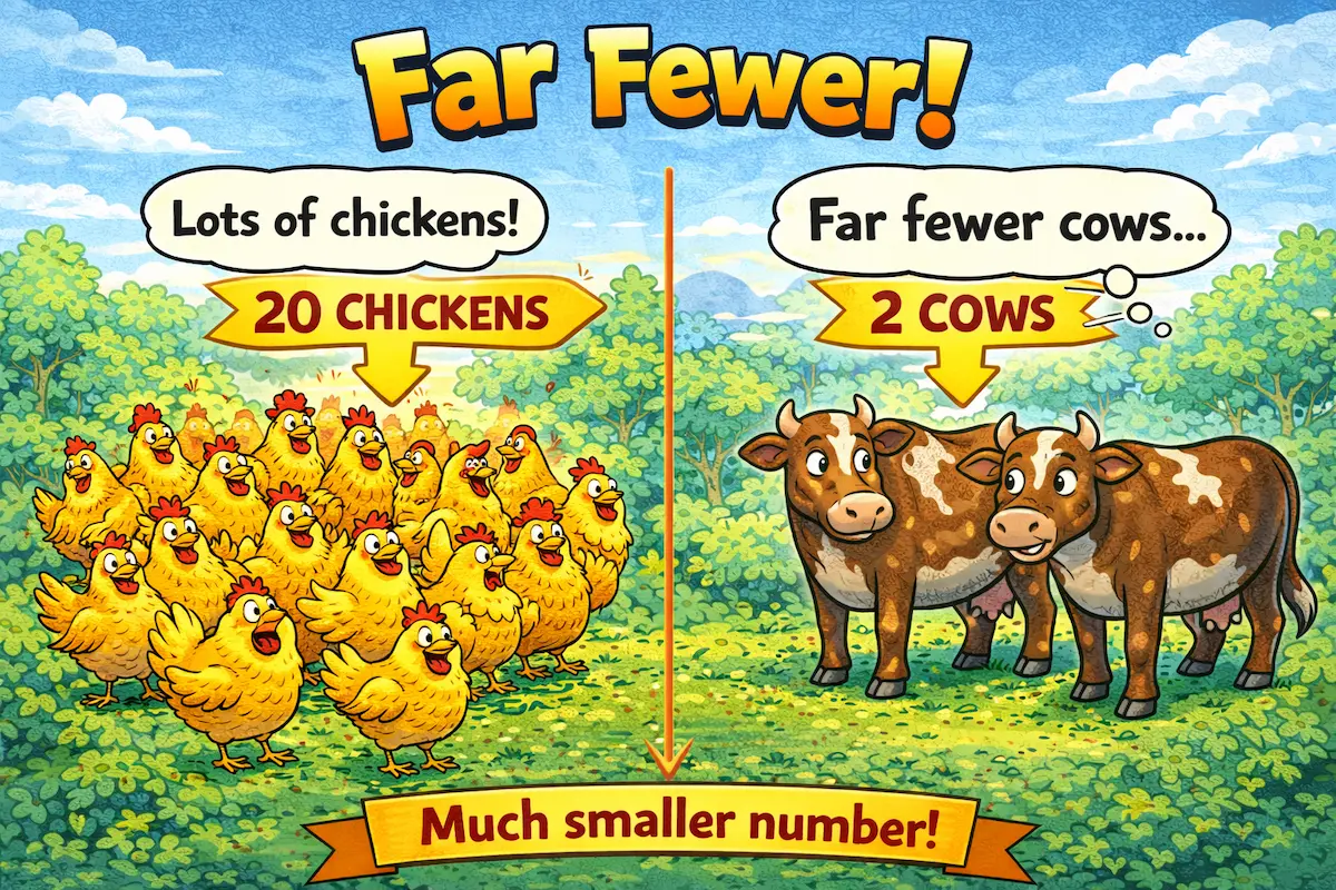 Colorful landscape cartoon illustration of the phrase far fewer, comparing many chickens with just a few cows to show a significantly smaller quantity.