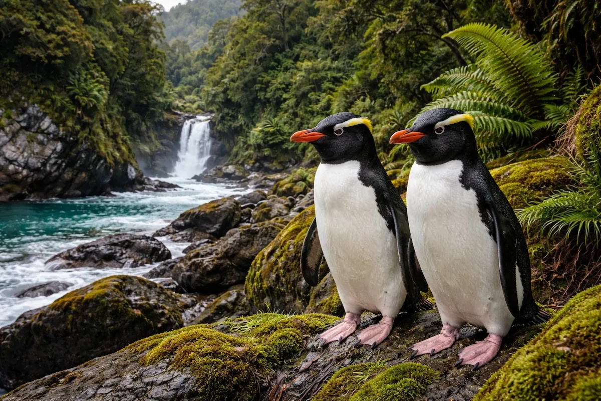 Two Fiordland penguins standing on green moss-covered rocks near a waterfall, showing yellow eyebrow crests, orange bills, black-and-white bodies, and a dense forest background.