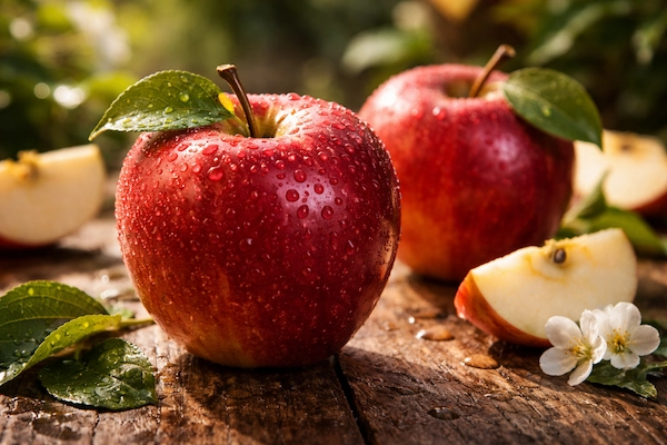 Red apples with water drops on a wooden surface