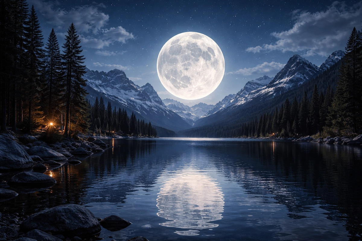 Landscape image of a full moon glowing over a mountain lake at night, reflected on still water with pine trees, rocky shores, and a star-filled sky.