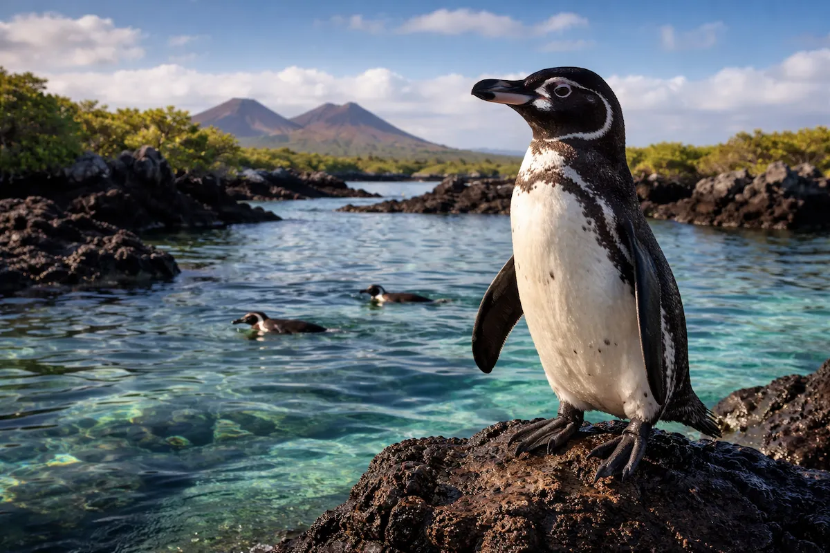 Galápagos penguin standing on rocky shore near clear ocean water, showing its black-and-white plumage and unique tropical island habitat.