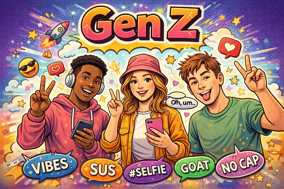 Landscape illustration of Gen Z culture featuring diverse young people, smartphones, emojis, and social media icons representing digital-native youth and modern slang.