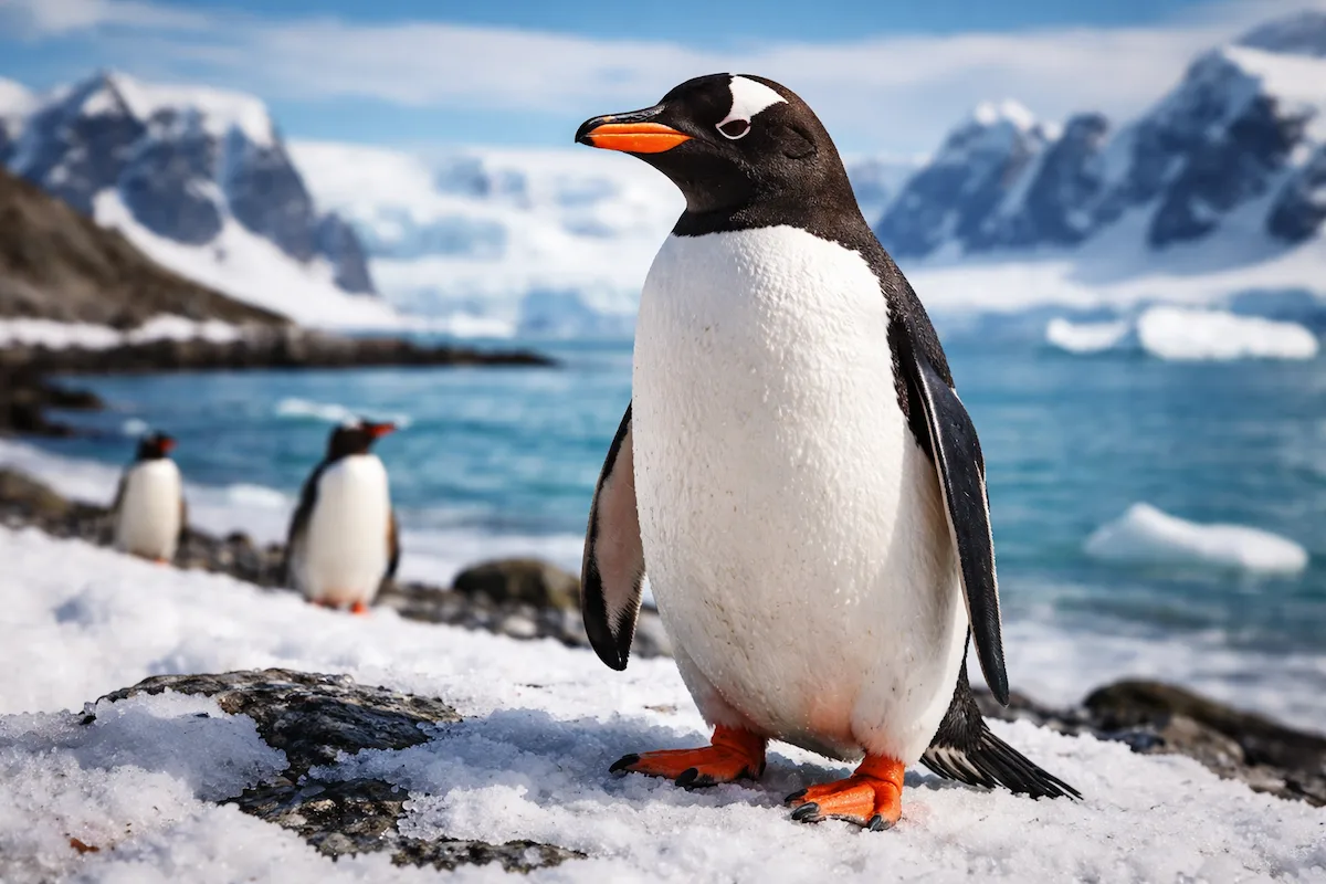 Realistic illustration of a gentoo penguin on a snowy Antarctic coast, showing its white head stripe, orange beak and feet, with icebergs and ocean behind.
