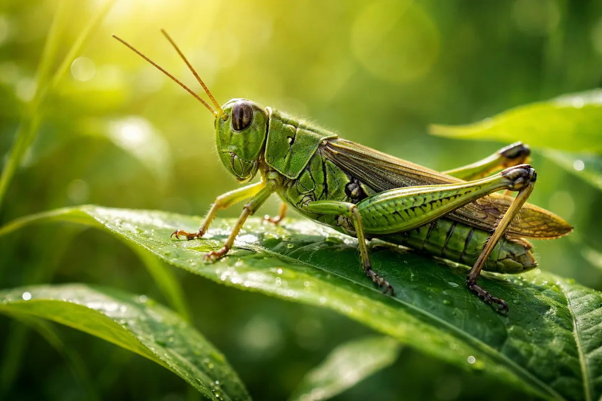 Macro illustration of a green grasshopper on a leaf, showing its long antennae, folded wings, strong hind legs, and textured body against a blurred green background.