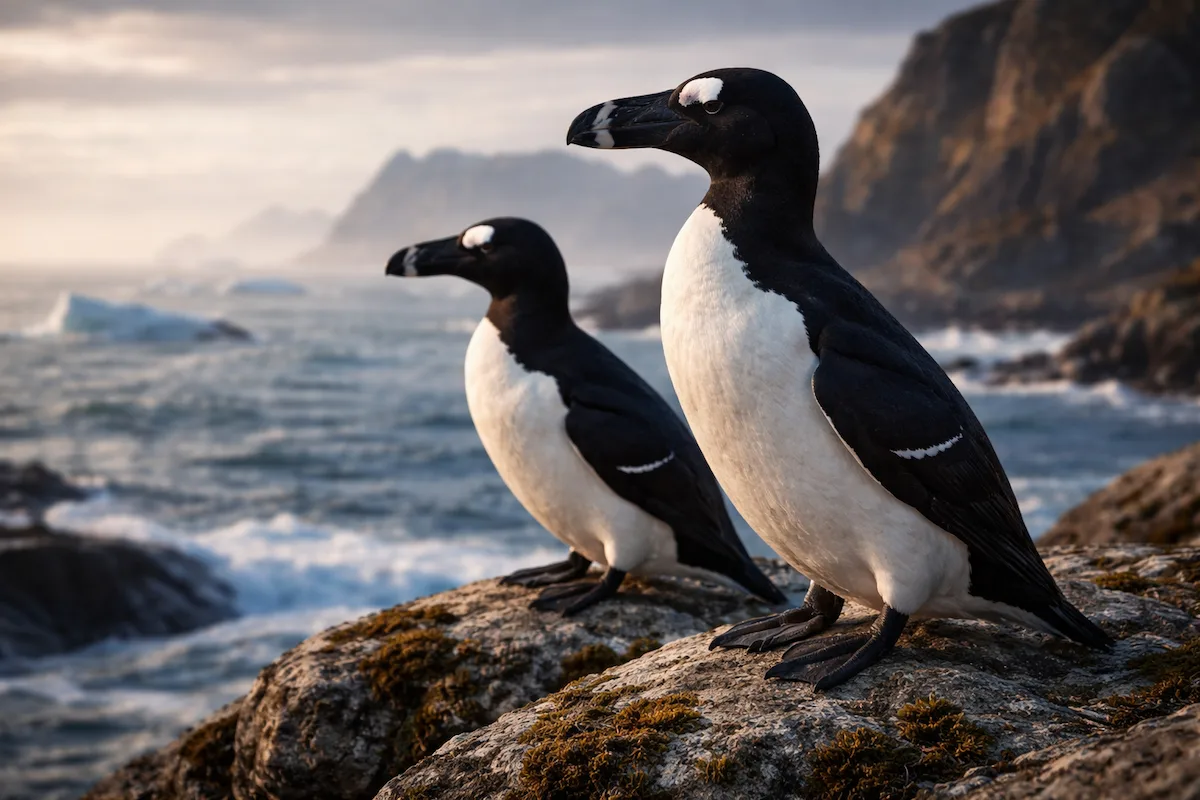 Realistic illustration of two great auks on a rocky shoreline, showing their black-and-white plumage, large beaks, and sturdy bodies beside a cold northern sea.