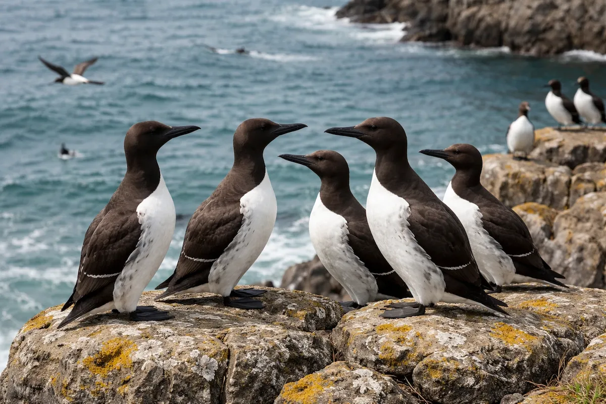 A group of guillemot seabirds standing on coastal rocks, showing dark brown backs, white underparts, long black bills, and blue ocean water in the background.